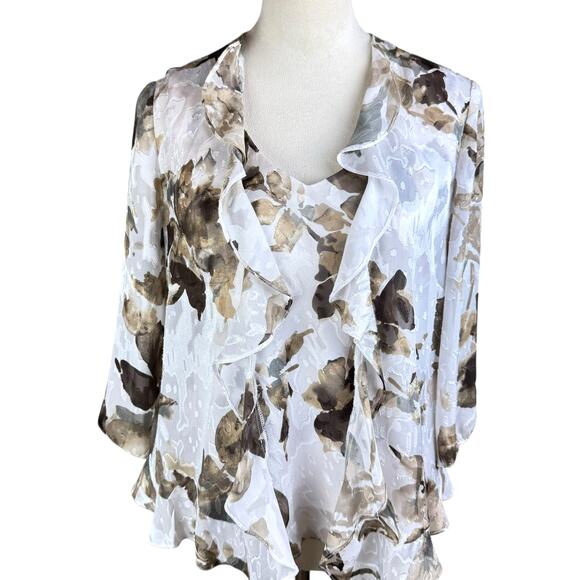 Alex Evenings Brown and White Watercolor Floral Tank Top and Jacket Set - Picture 6 of 16